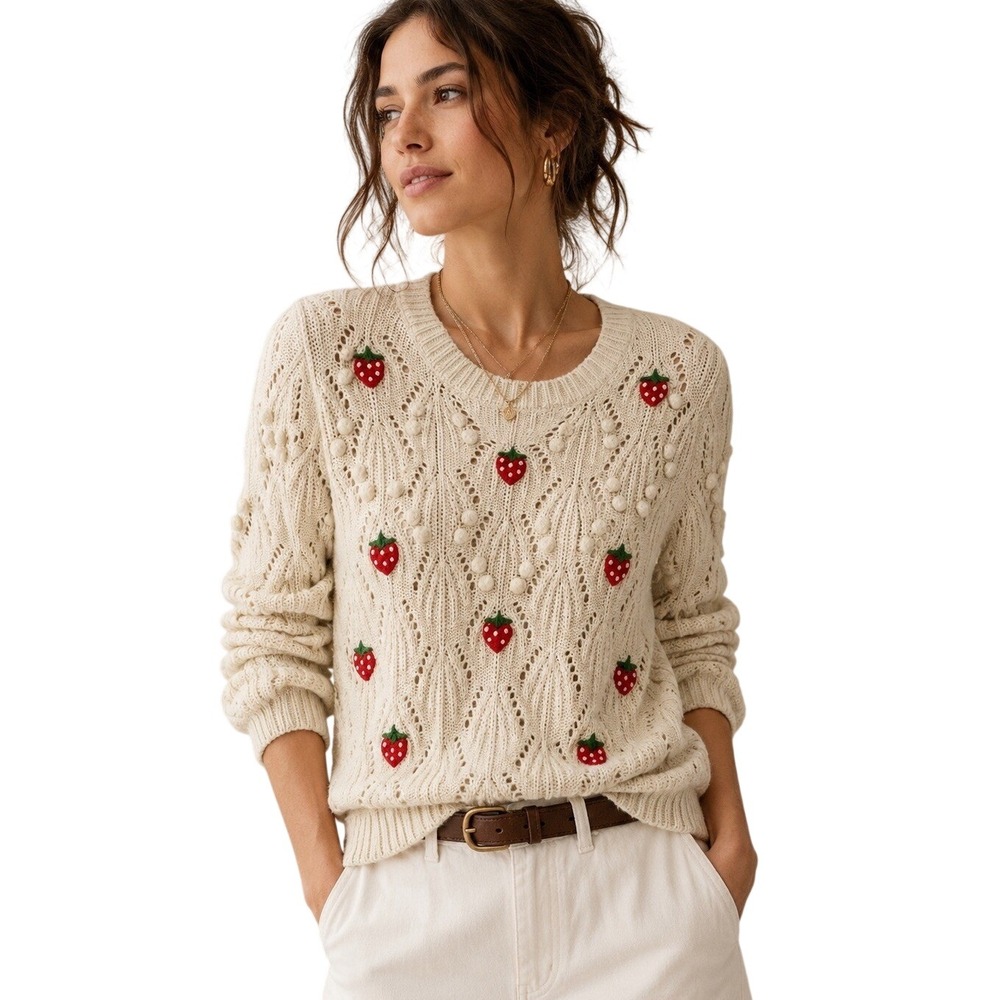 Greylin Sweet Berry Pom Pom Sweater Strawberries Crochet  Romantic Preppy M